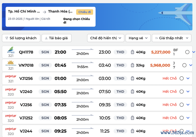 Chặng bay TP HCM - Thanh Hoácháy vé từ ngày 23/1 và chỉ còn vài vé hạng thương gia. Ảnh chụp màn hình đại lý bán vé máy bay